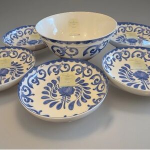 Artisan de Luxe Blue Rose Scroll 6 8.5” Pasta Salad 1 Serving Bowl Set of 7 New
